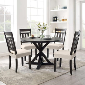 Smiry dining room setup with beige chair covers creates a refreshed look.