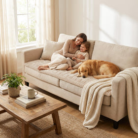 Smiry dog couch cover on a sofa shows easy clean and color-fast design.