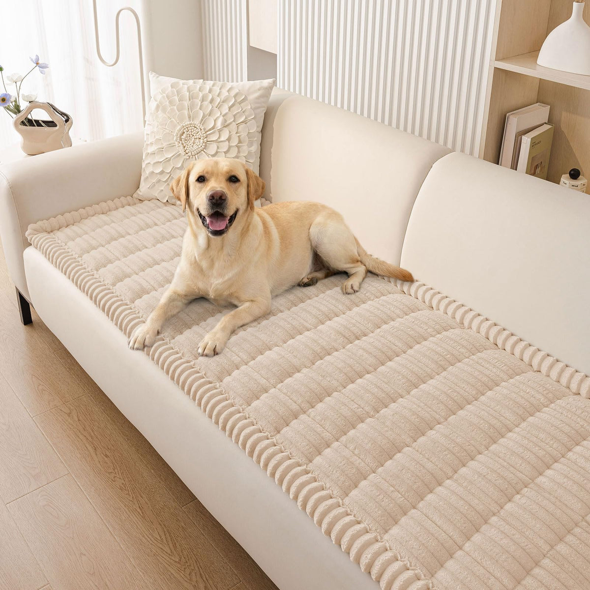 Smiry dog couch cover in apricot, front view showing cozy protection for your sofa.