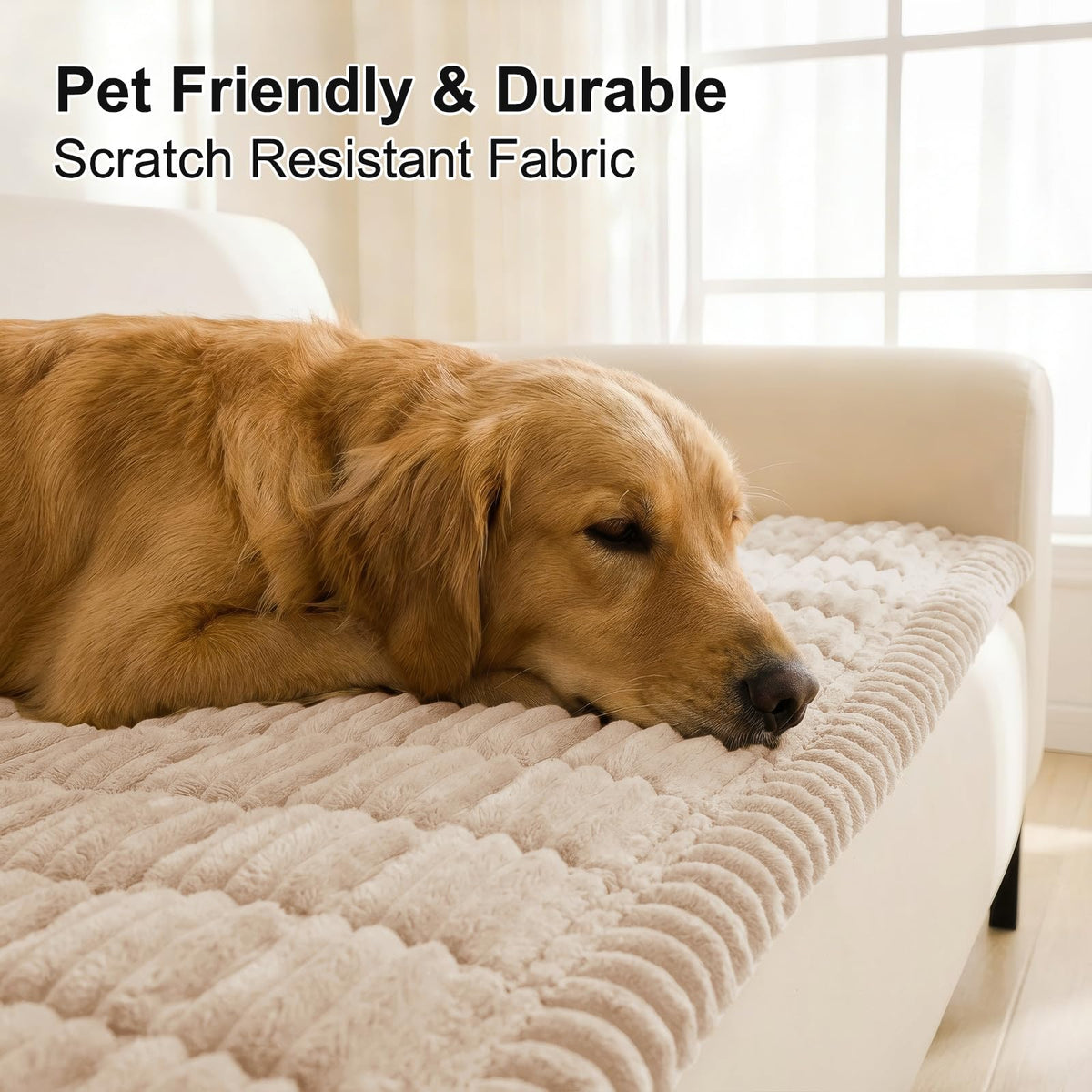 Smiry dog couch cover apricot fabric close-up shows soft, durable, machine-washable material.