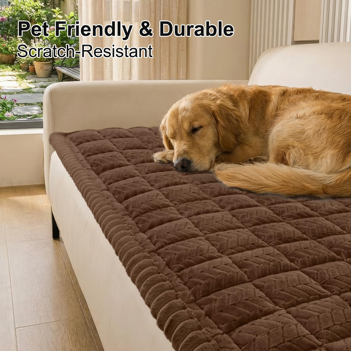 Smiry fuzzy armrest cover on dog couch highlighting soft texture for pet comfort