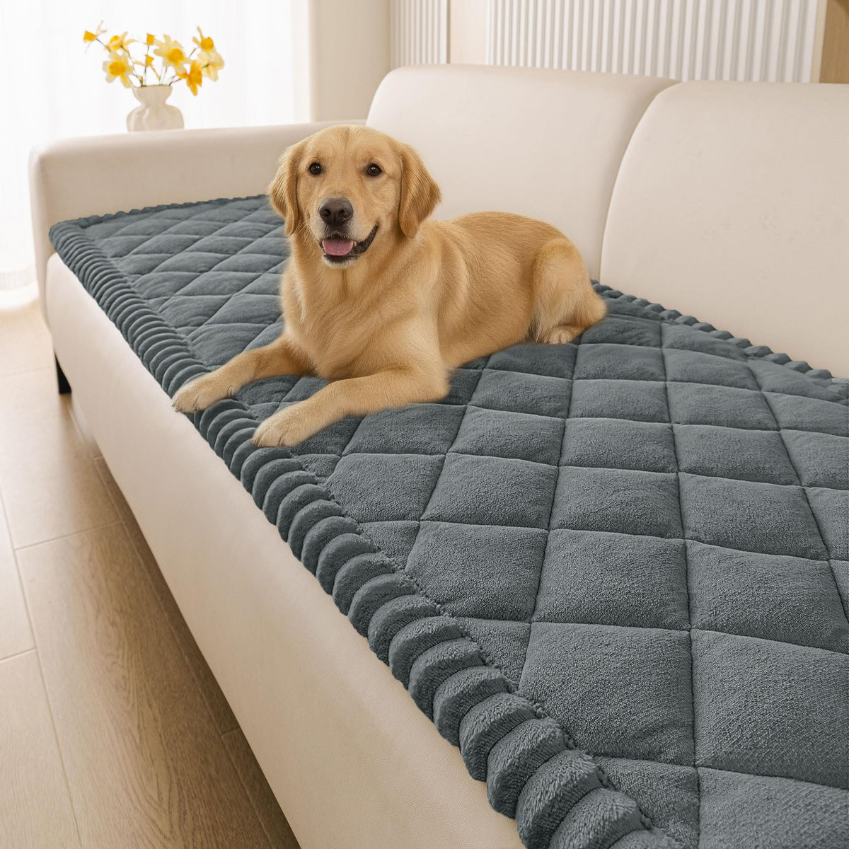 Smiry fuzzy couch cover on sofa showing pet hair protection and scratches shield