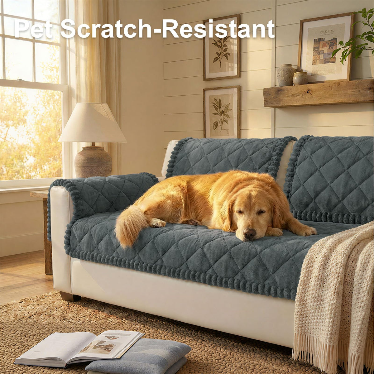 Smiry fuzzy couch cover close-up with non-slip backing stays in place during play