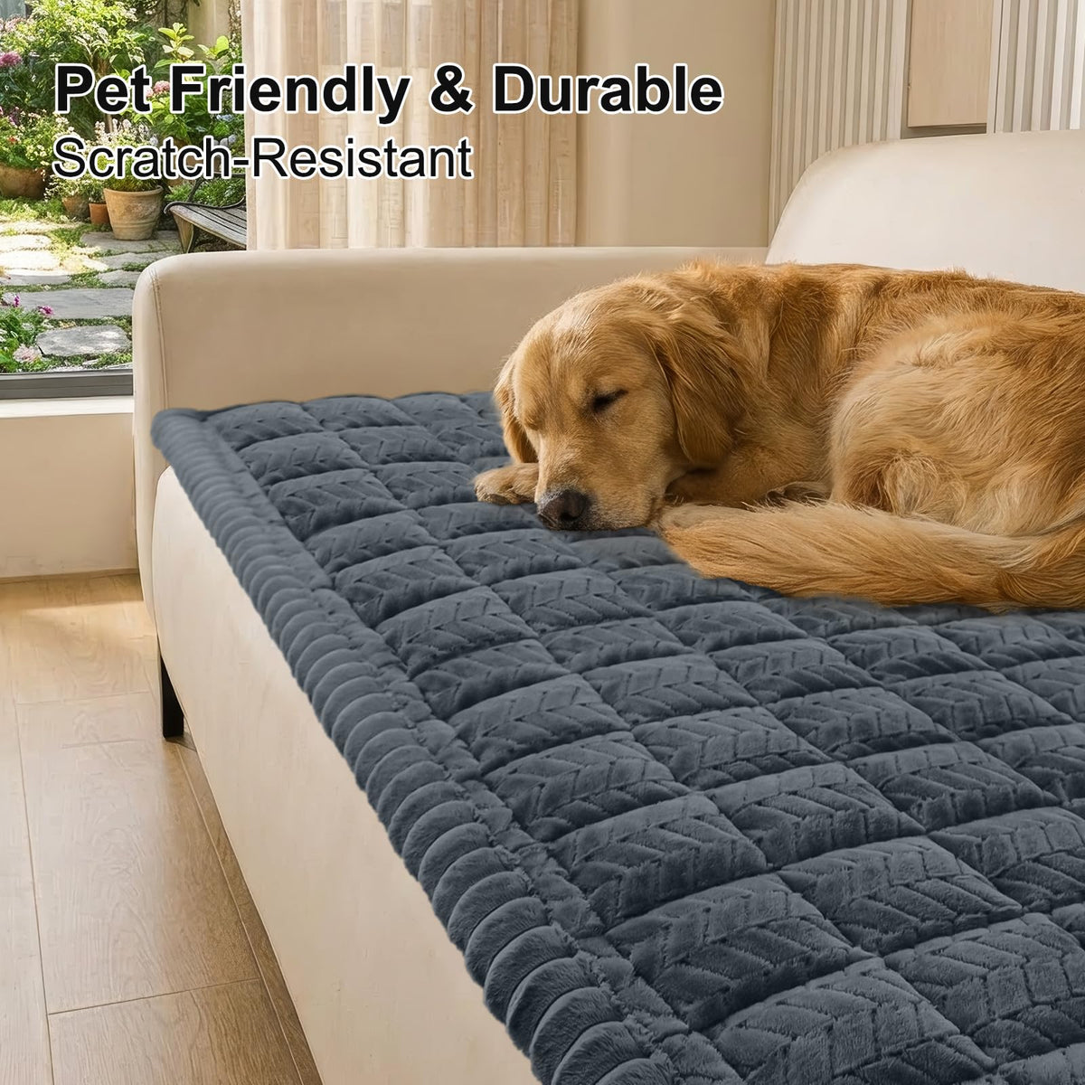 Smiry couch cover with granular non-slip backing keeps sofa stable.