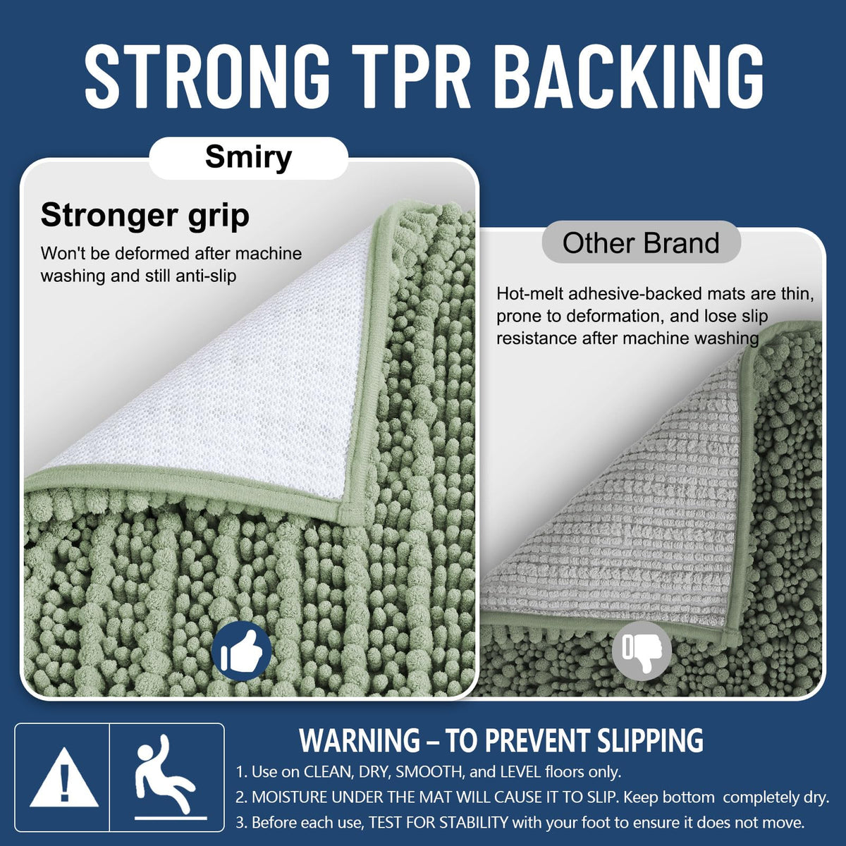 Smiry non-slip rubber backing helps keep the mat securely in place.
