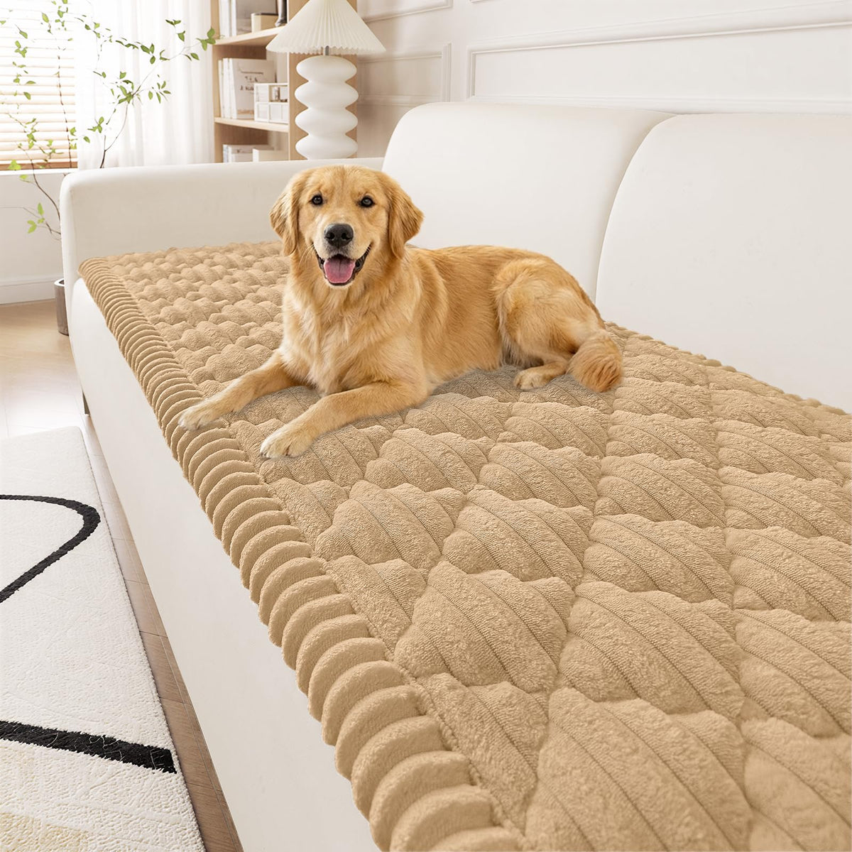 Smiry pet couch cover in camel, soft and washable for dog lounging on a large sofa
