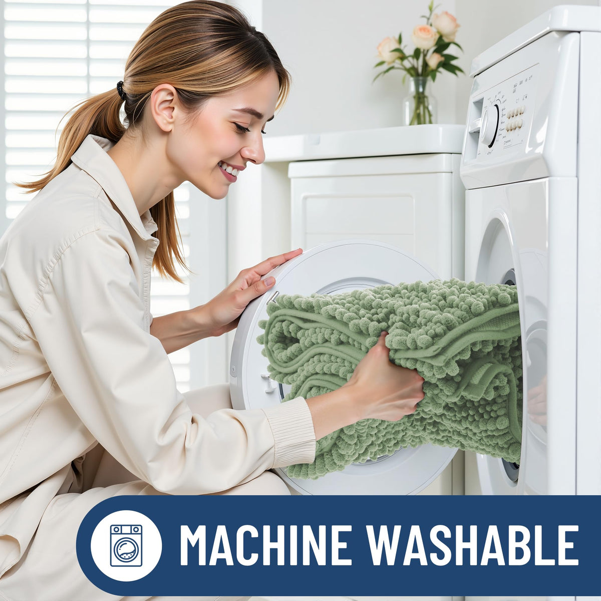 Smiry sage green bath rug adds calm color to your bathroom.