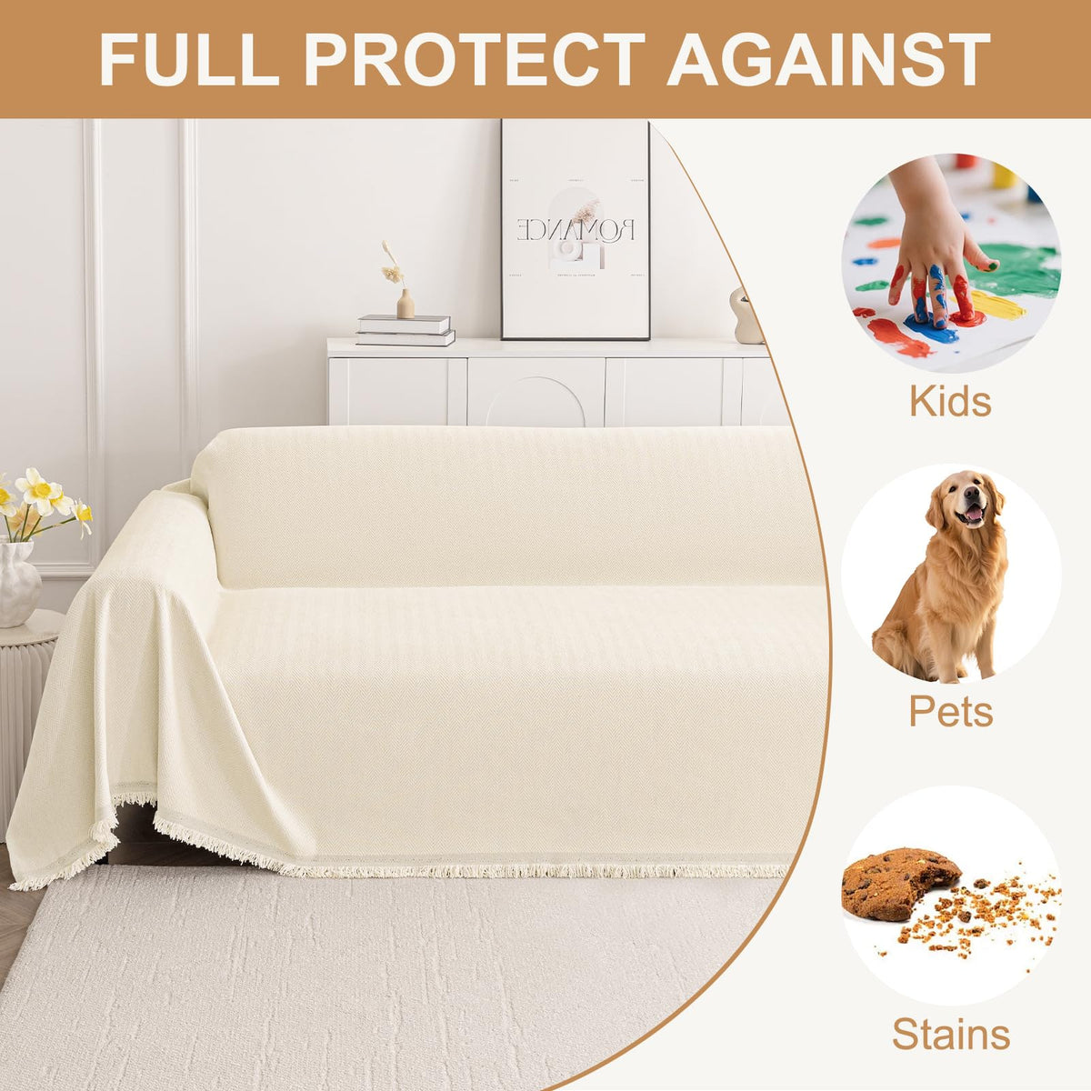 Beige sectional protector with tassels, quick-fit for L-shaped couches.