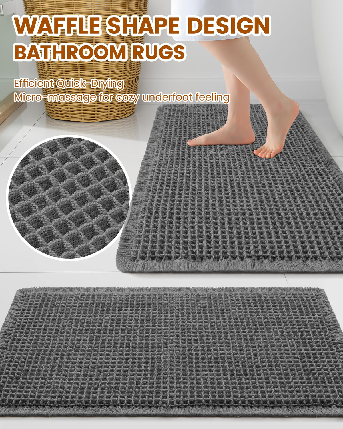 Smiry Waffle Bath Mat absorbent surface traps water after showers for drier feet.