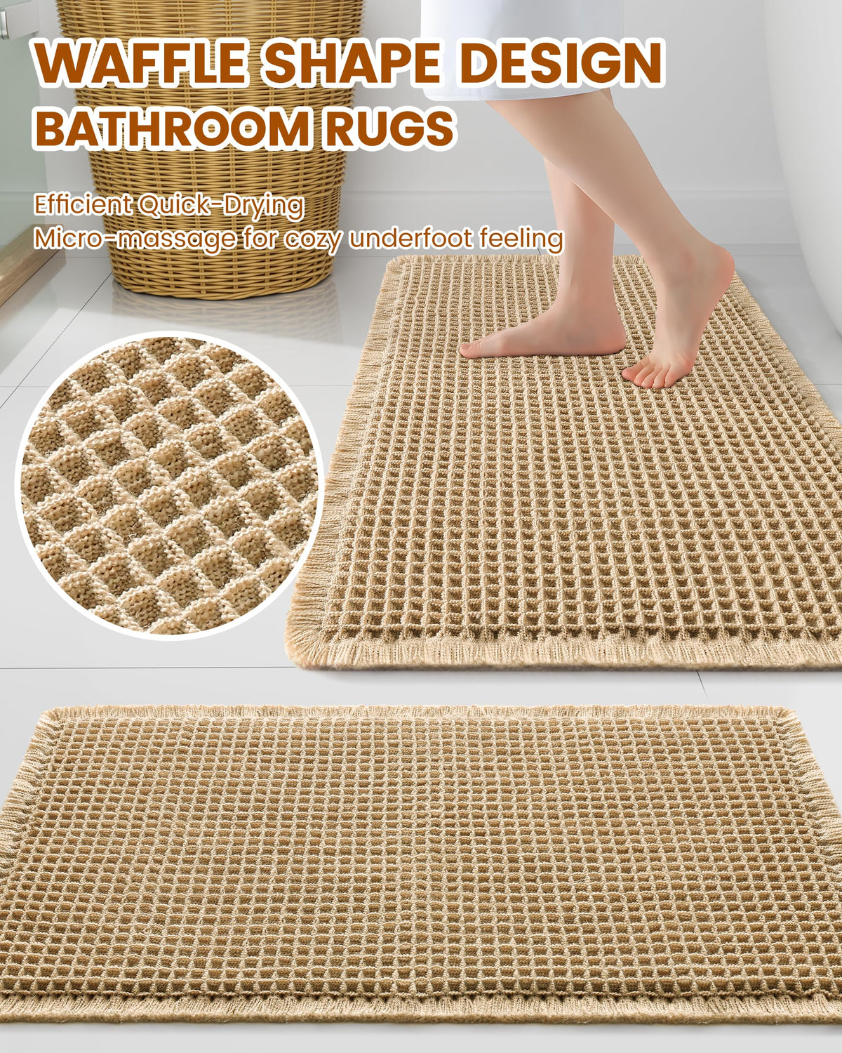 Smiry waffle bath mat with non-slip backing ensures stable placement.