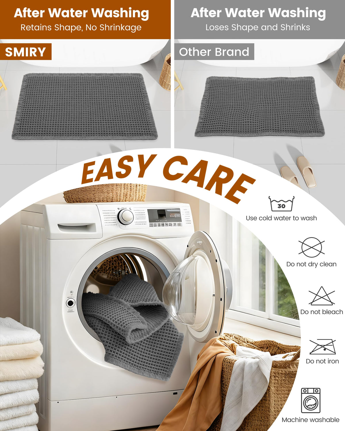 Smiry Waffle Bath Mat dark grey finish complements any bathroom.