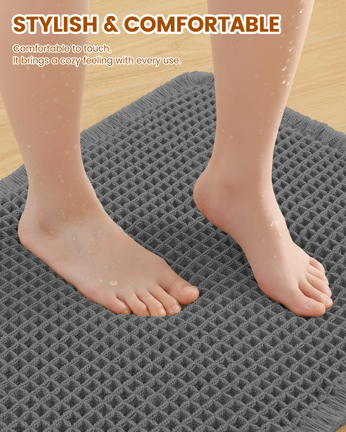 Smiry Waffle Bath Mat non-slip backing secures position on bathroom floor.