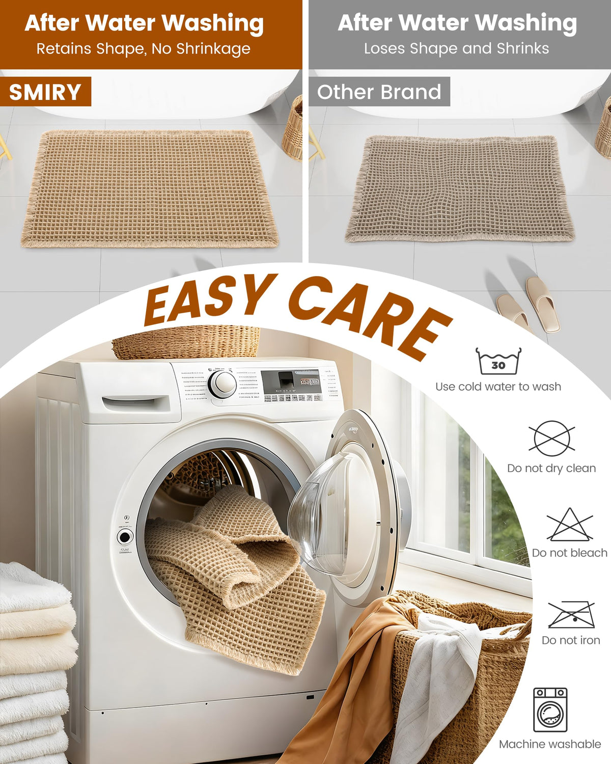 Smiry waffle bath mat designed for machine washable care and easy cleaning.