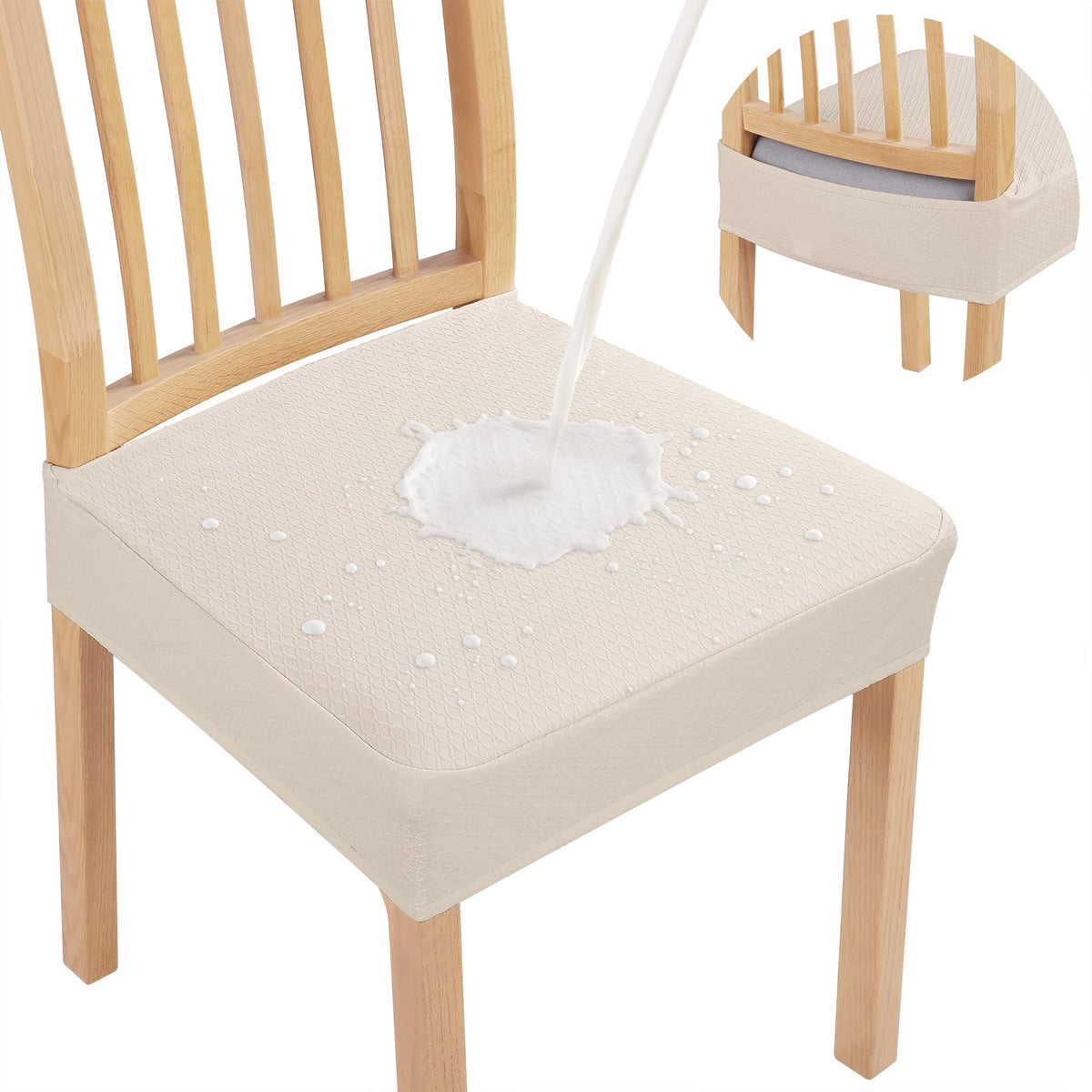 Smiry waterproof chair covers in beige protecting dining chairs from spills.
