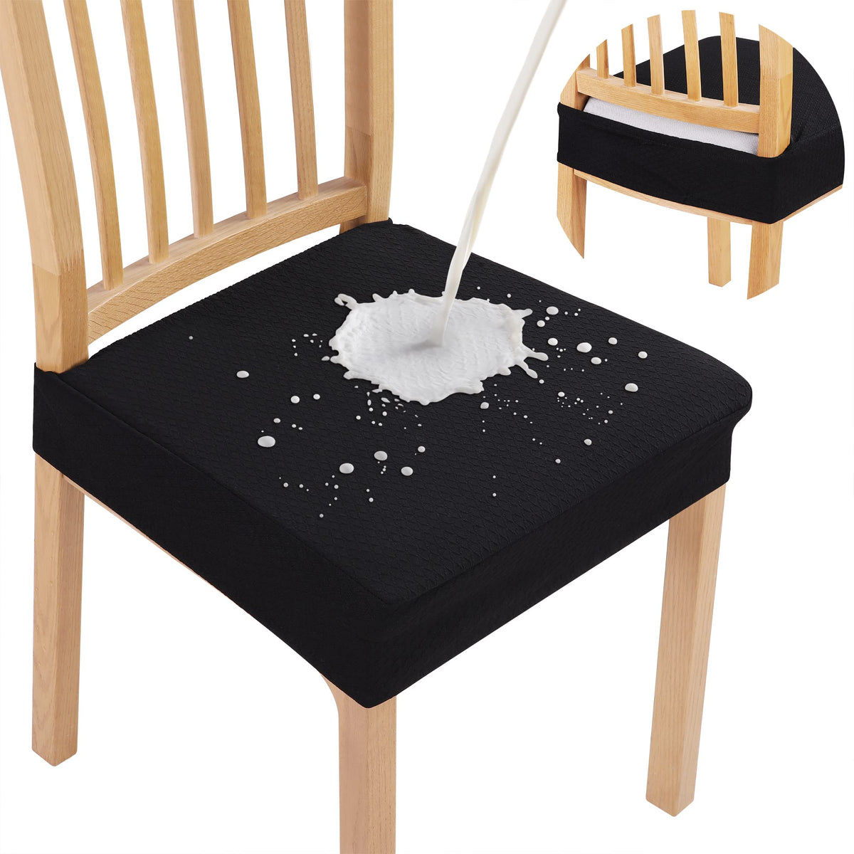 Smiry waterproof seat covers on dining chairs, four-pack, spill protection.