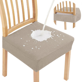 Smiry waterproof seat covers in taupe with jacquard weave protect dining chairs