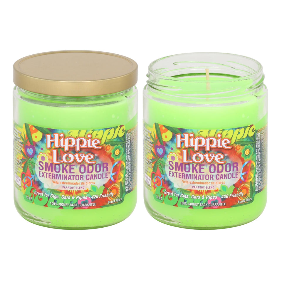 Smoke Odor Exterminator Hippie Love jar candles help odor elimination and create pleasant spaces.