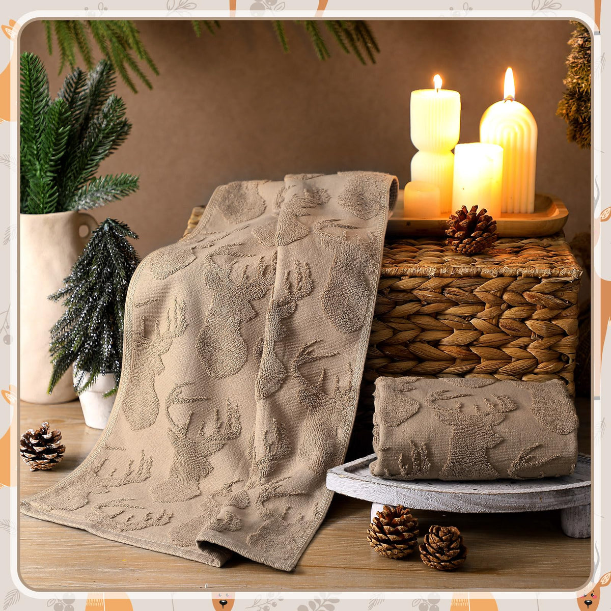 SmoothNovelty 2-pack jacquard deer motif towels in brown for rustic style