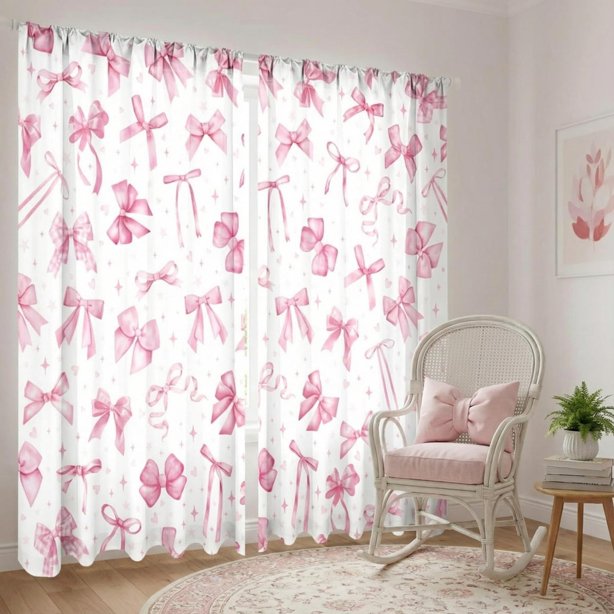 SmoothNovelty pink bow curtains 2-pack ready to hang for instant pink decor and privacy.