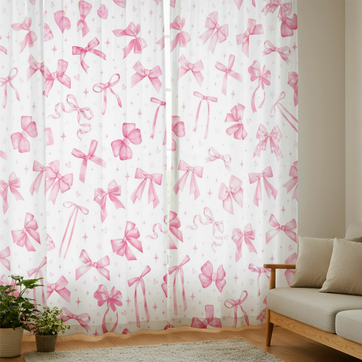 SmoothNovelty pink bow curtains durable polyester for lightweight, easy care.