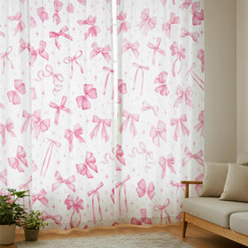 SmoothNovelty pink bow curtains durable polyester for lightweight, easy care.