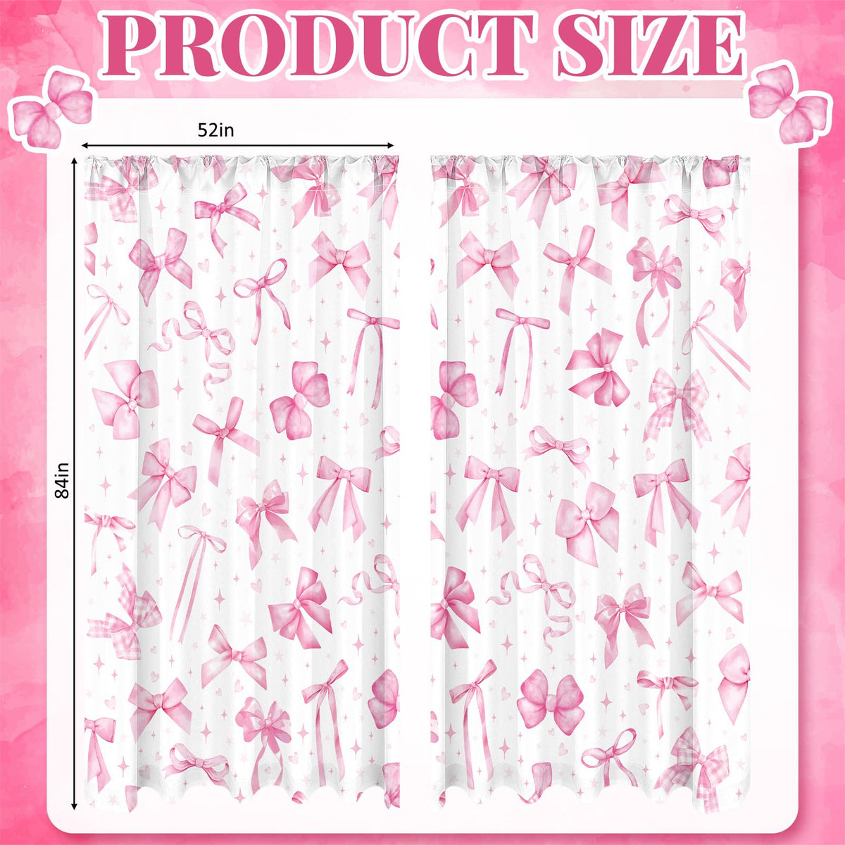 SmoothNovelty pink bow curtains with rod pockets simplify installation and smooth sliding.