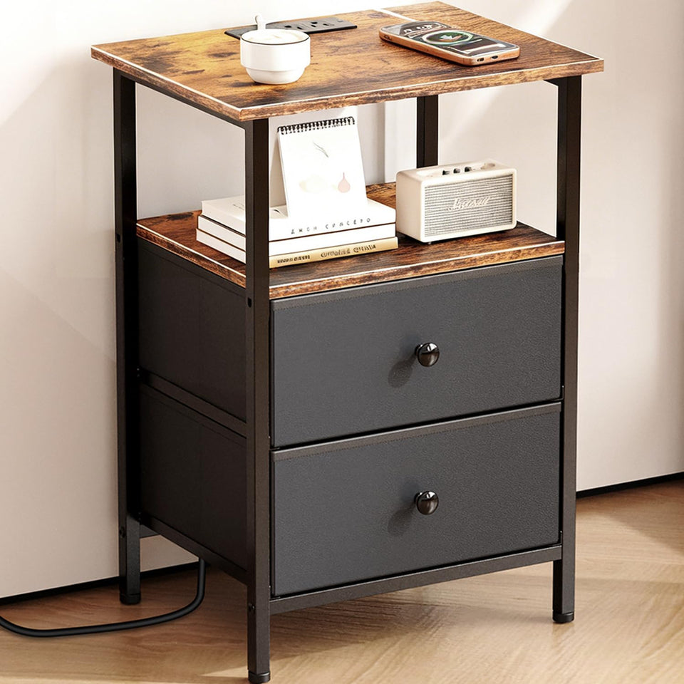 Smoproper Nightstand showing charging ports keeps devices within reach for easy charging.