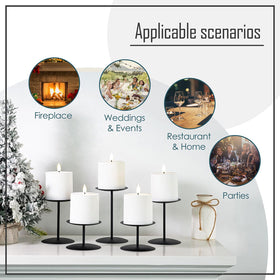 Smtyle black pillar candle holders on dining table, ambient focal point.
