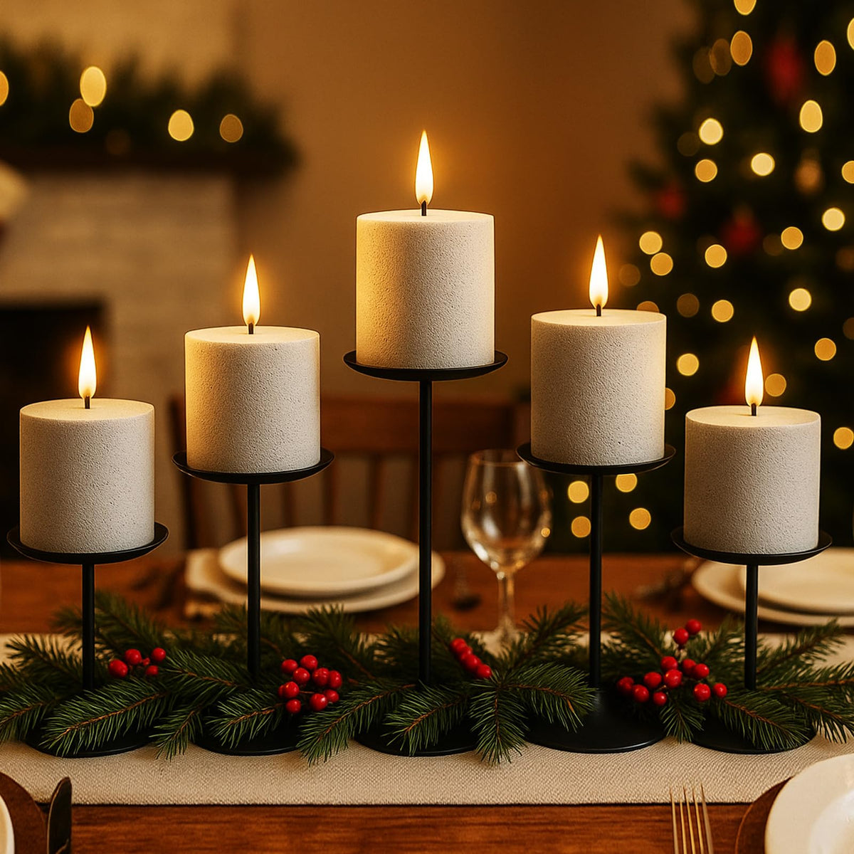 Smtyle pillar candle holders by the fireplace, warm ambiance.