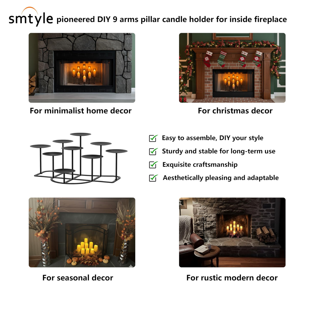 Smtyle fireplace candelabra centerpiece highlighting geometric design and stable base