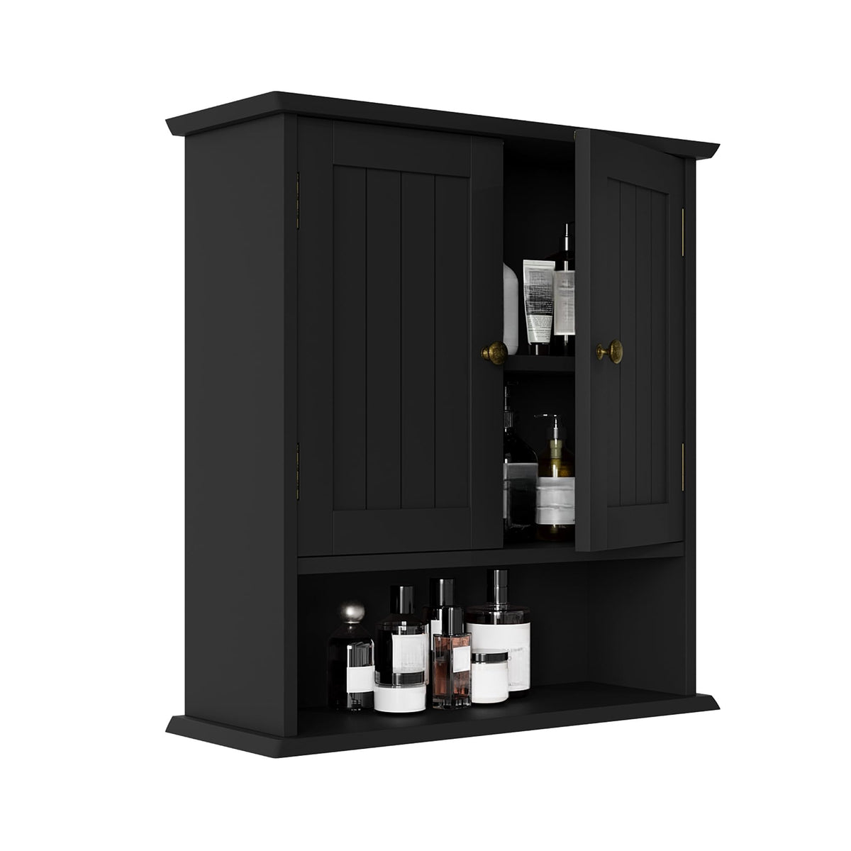 Smuxee black wall cabinet with two doors provides discreet bathroom storage.