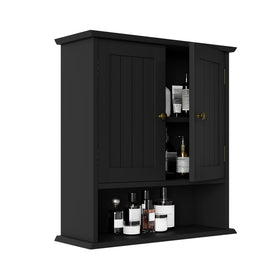 Smuxee black wall cabinet with two doors provides discreet bathroom storage.