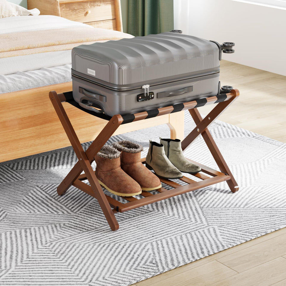 Smuxee luggage rack fully assembled in walnut finish showing sturdy build