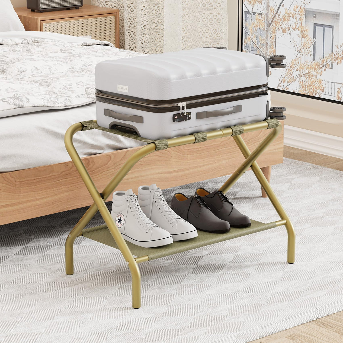 Smuxee Gold Luggage Rack top view shows two tier design for luggage