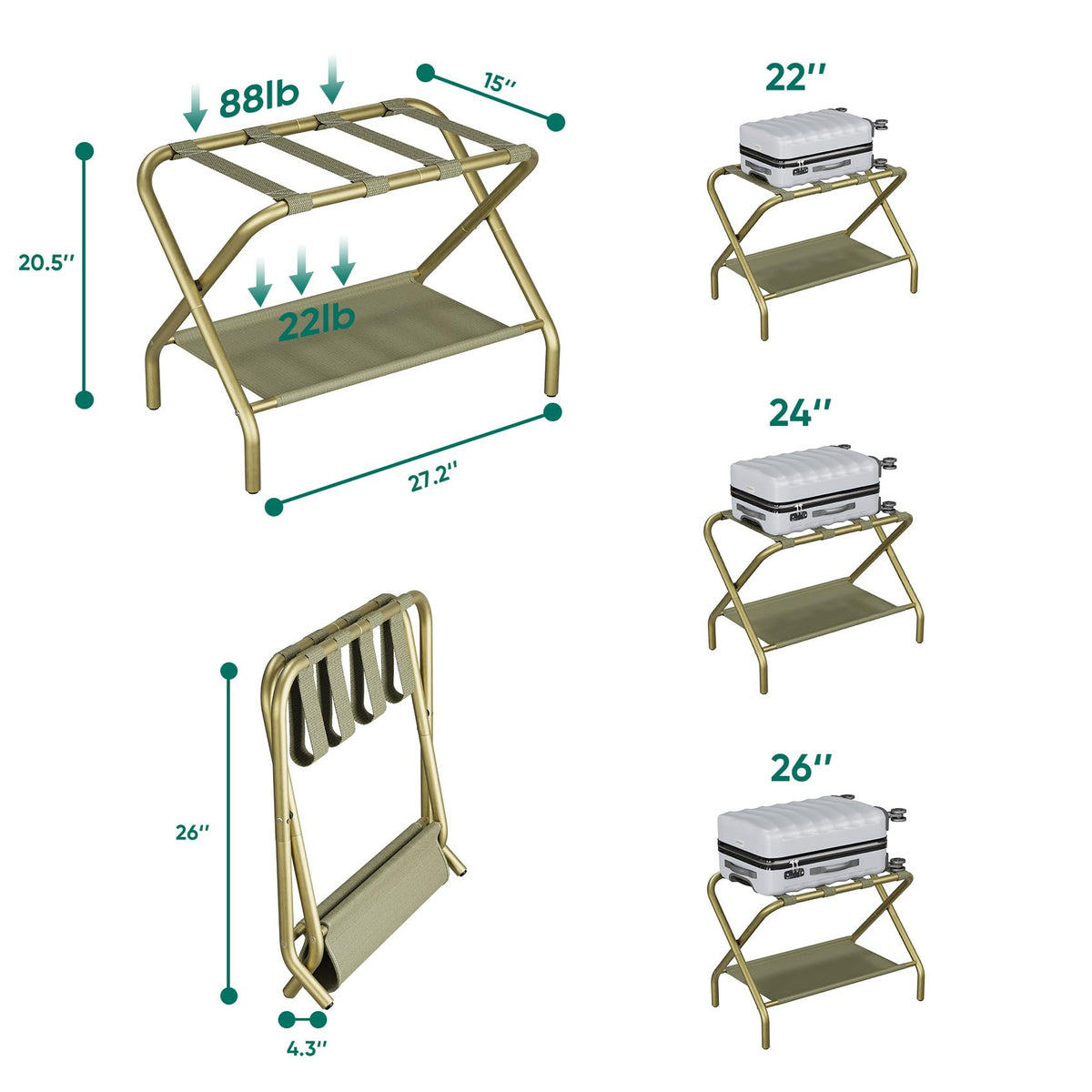 Smuxee Gold Luggage Rack bottom shelf with fabric layer for support