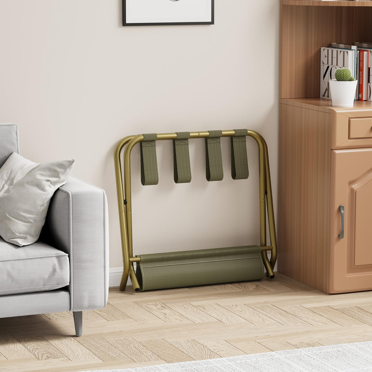 Smuxee Gold Luggage Rack suitable for hotel or guest room use