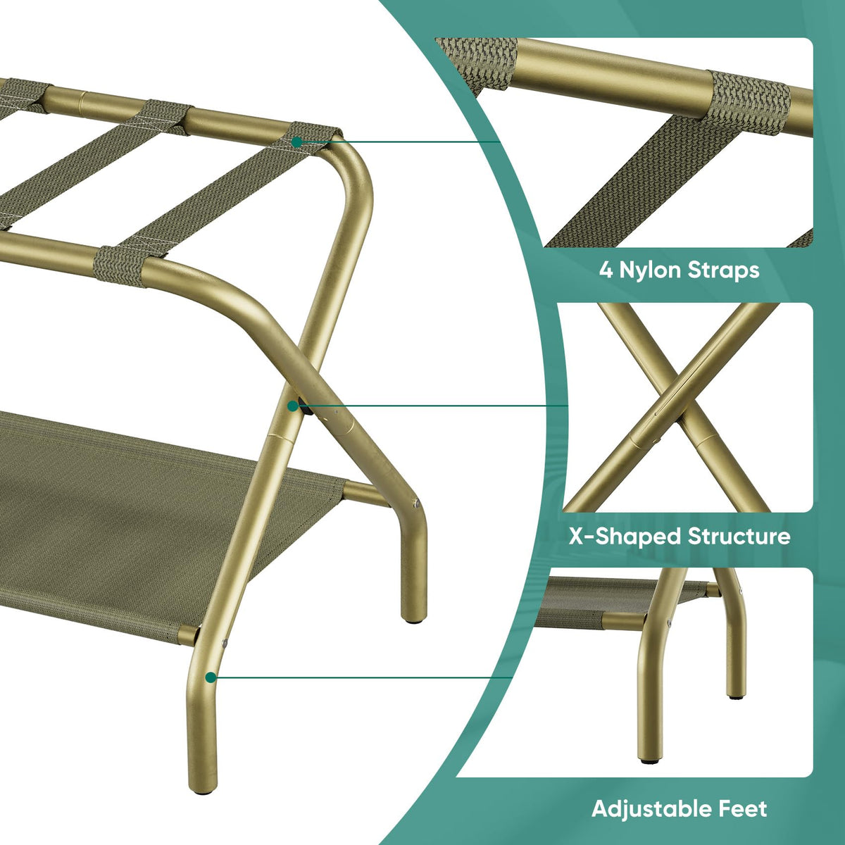 Smuxee Gold Luggage Rack top shelf supports up to 88 lbs