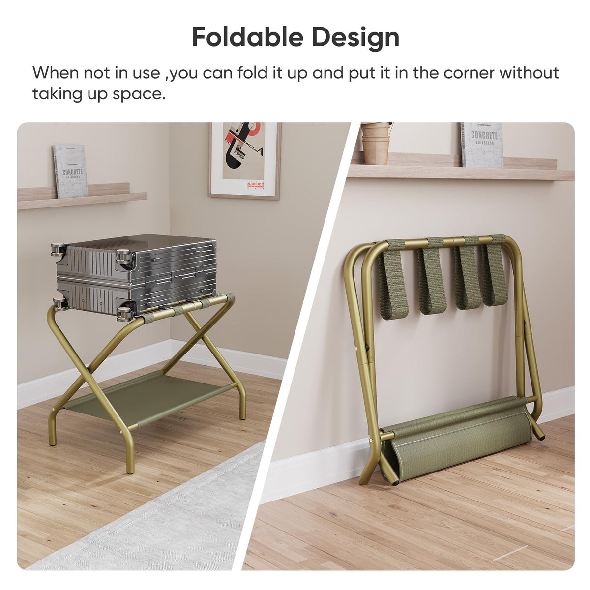 Smuxee Gold Luggage Rack two tier assembly for durable storage