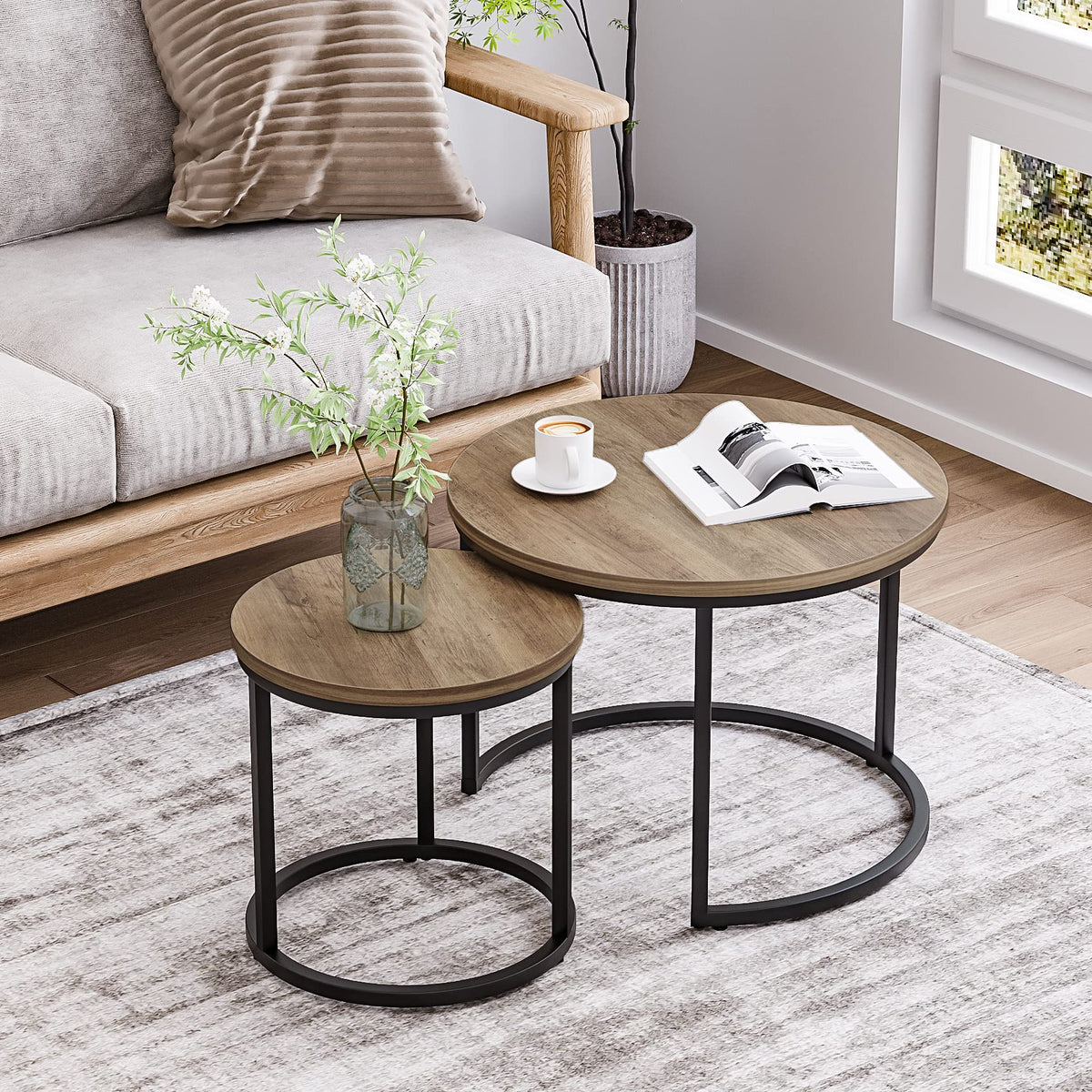 Smuxee nesting coffee table large round wood-grain top for versatile living room use.