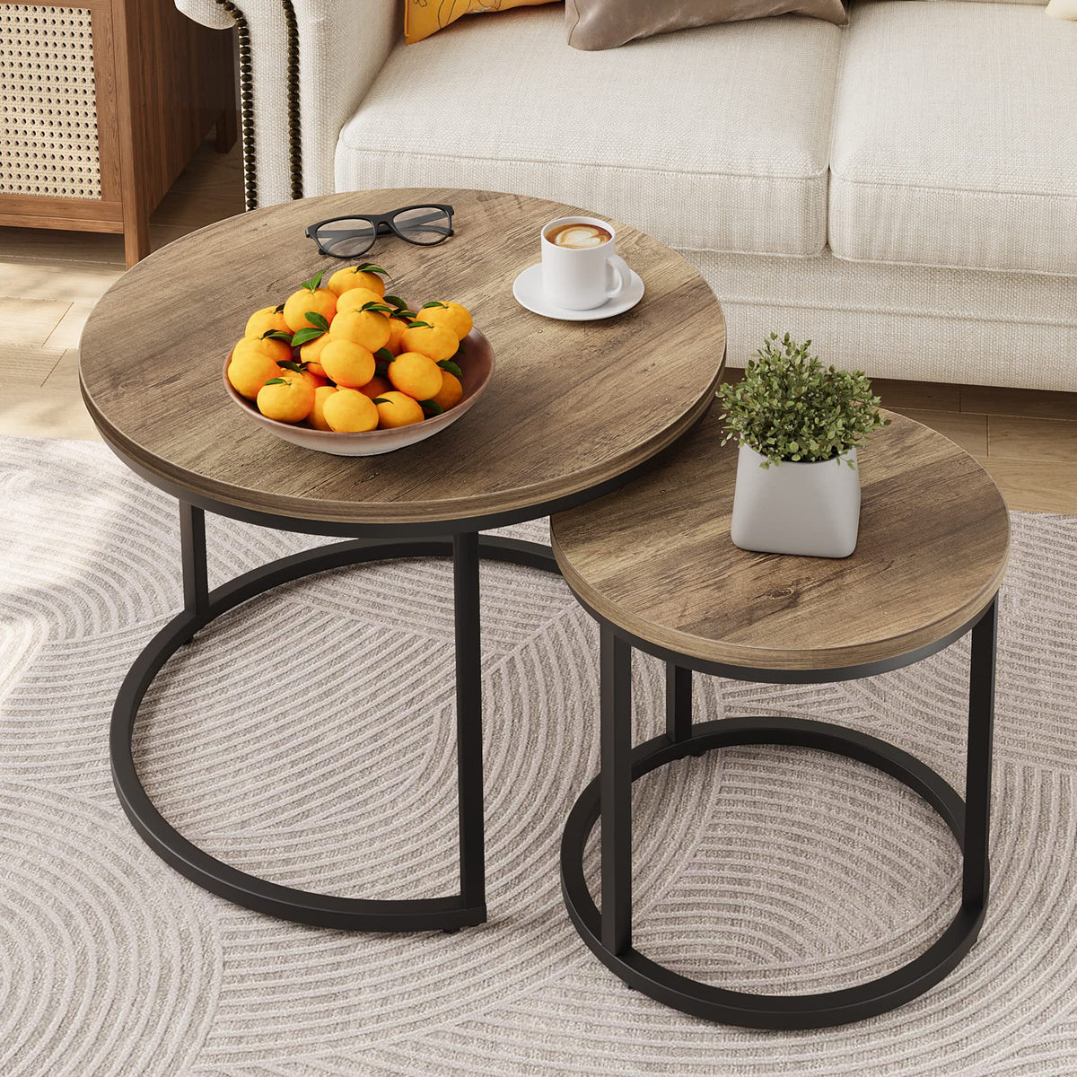 Smuxee nesting coffee table small round wood-grain top with stable adjustable feet.