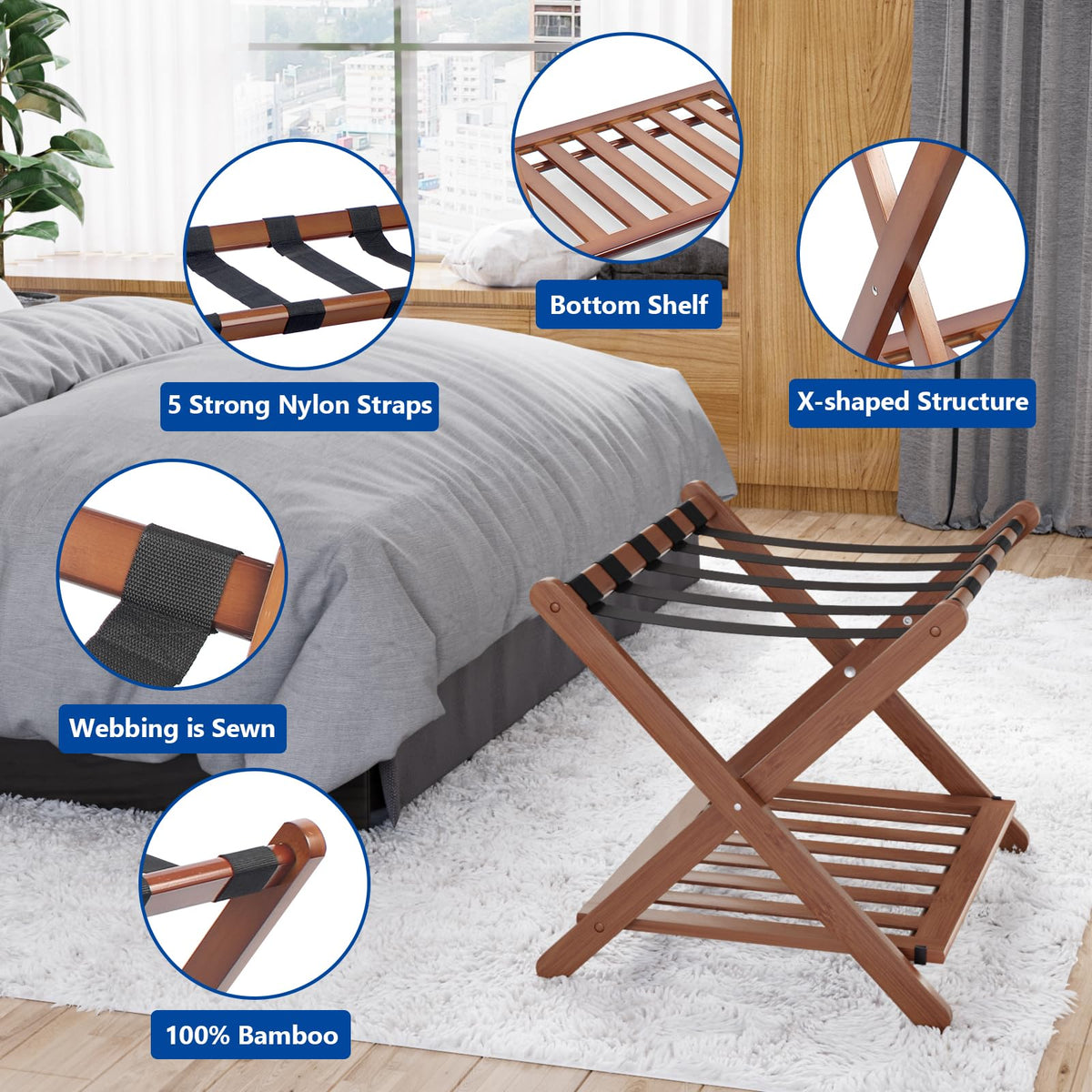 Smuxee luggage rack with 5 nylon straps stabilizing luggage