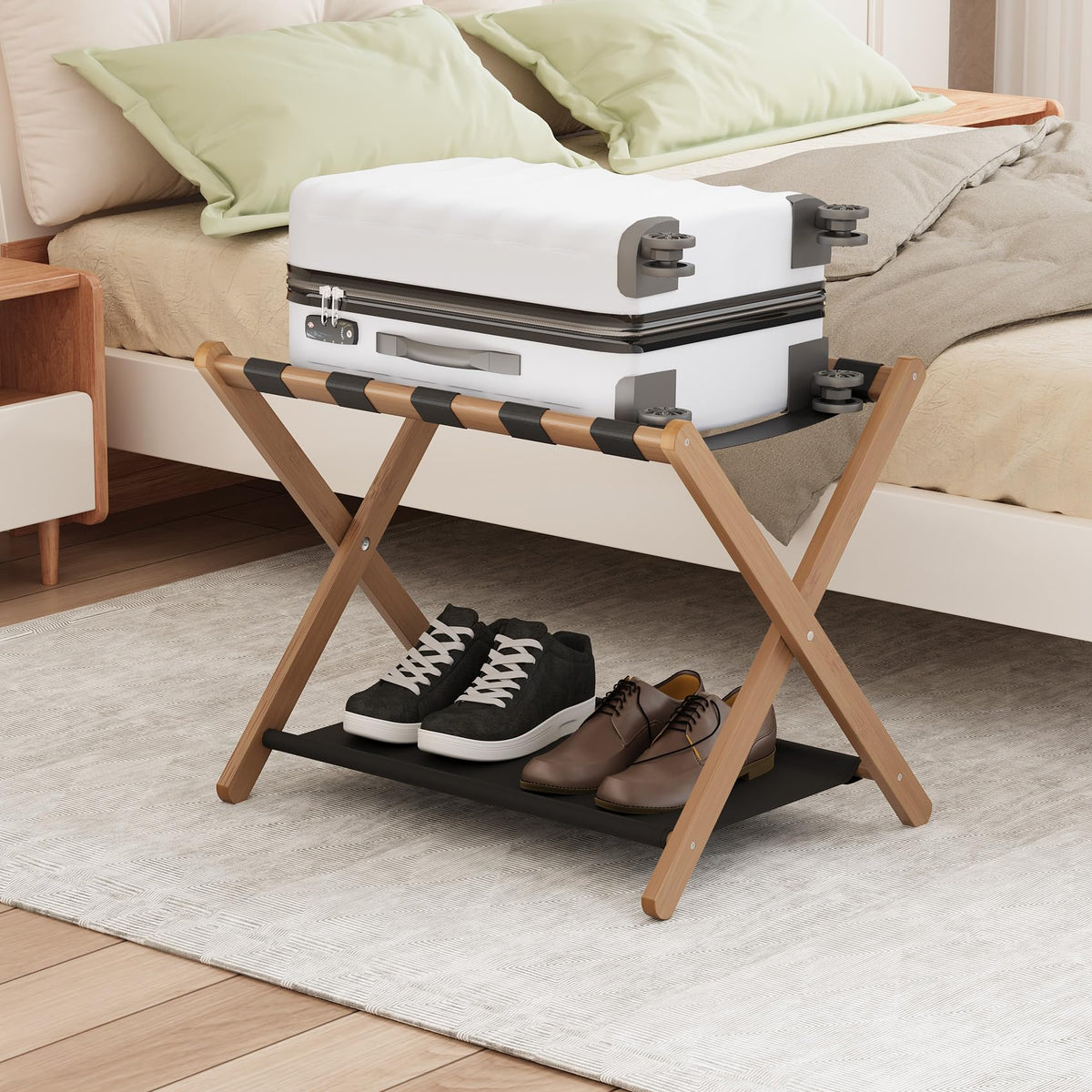 Smuxee luggage rack assembled with sturdy bamboo frame for guest rooms.