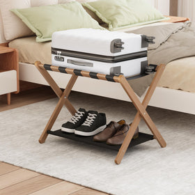 Smuxee luggage rack assembled with sturdy bamboo frame for guest rooms.