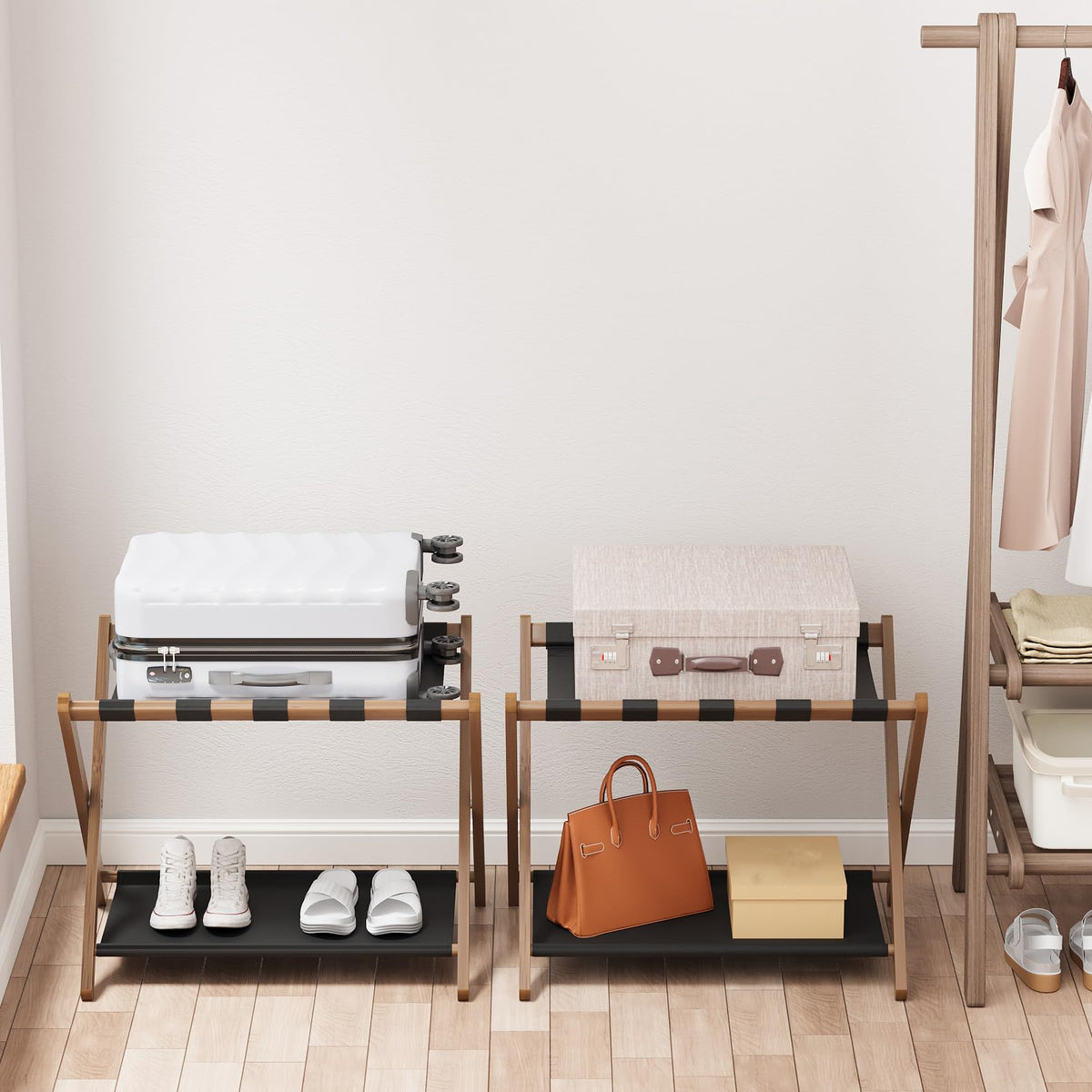 Smuxee luggage rack dimensions help with placement and accessibility.