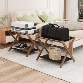 Smuxee walnut bamboo luggage rack folded for compact storage in small spaces.