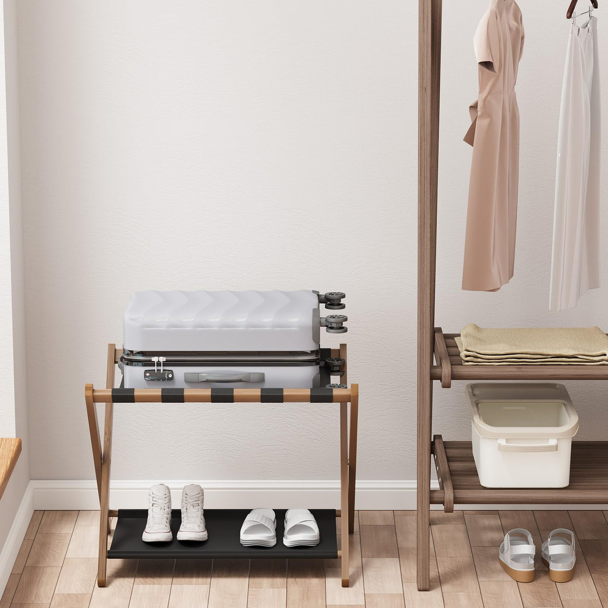 Smuxee luggage rack ideal for guest rooms and hotels.