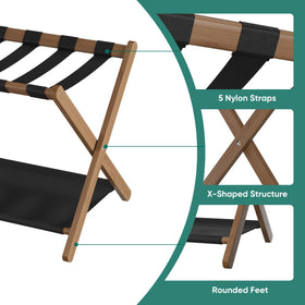 Smuxee luggage rack storage shelf keeps extras neatly organized.