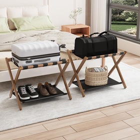 Smuxee luggage rack supports 20-28 inch suitcases for versatile storage.