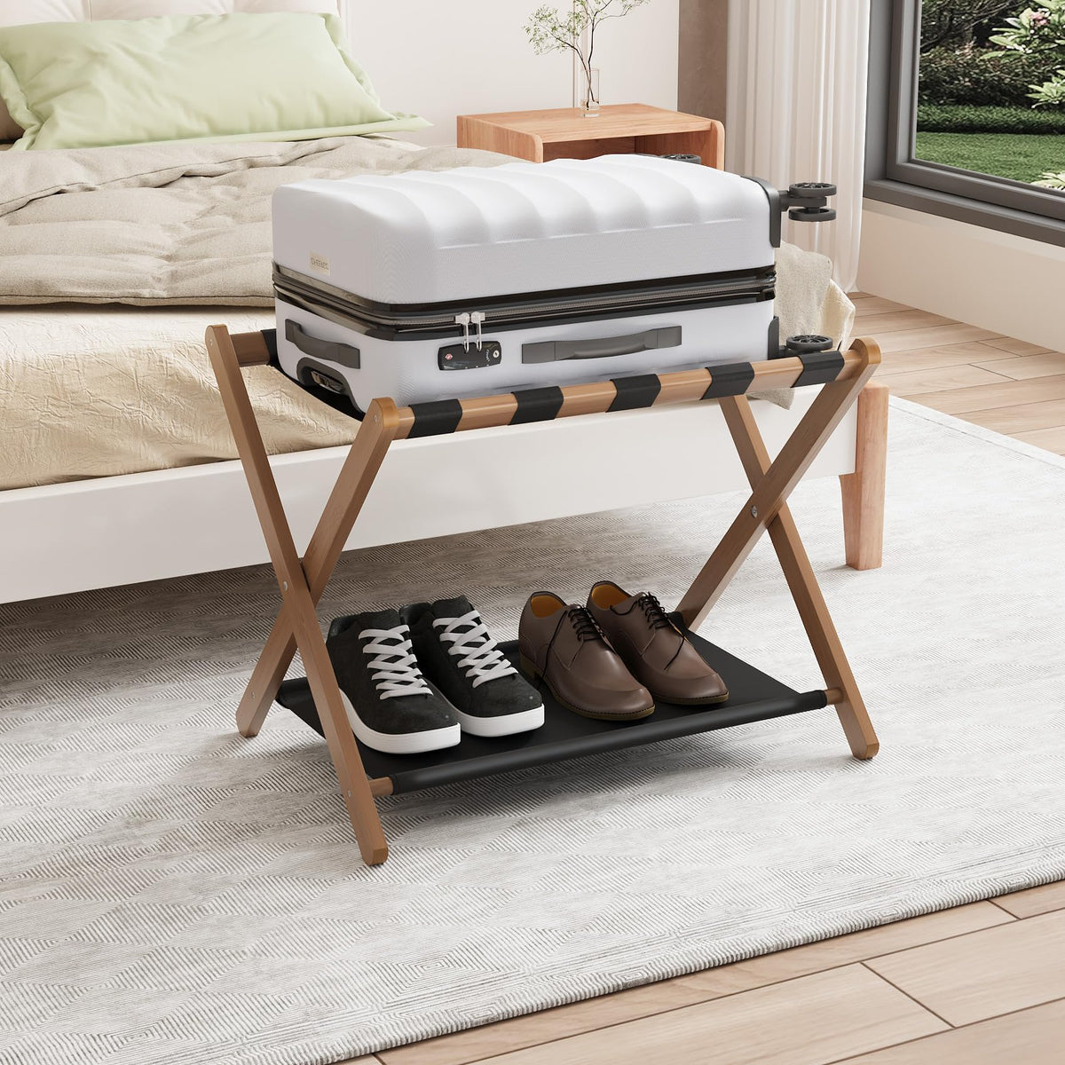 Smuxee luggage rack fits 20–28 inch suitcases.