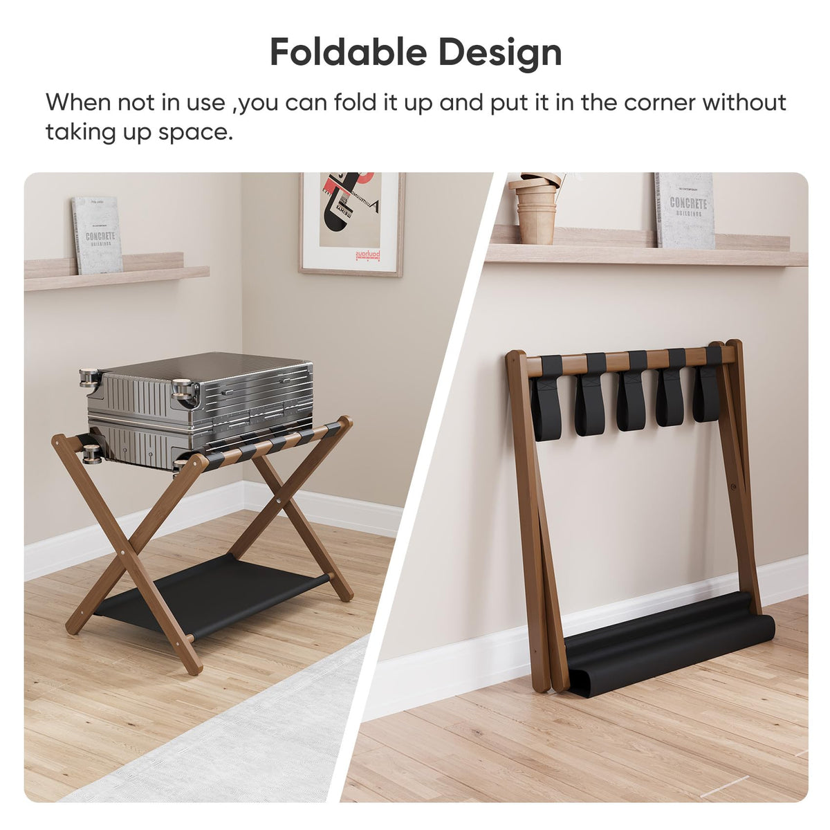 Smuxee luggage rack under-bed setup saves space and keeps luggage accessible.